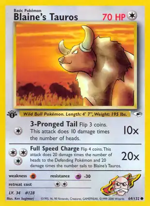 Blaine's Tauros 64/132 Gym Heroes 1st Edition